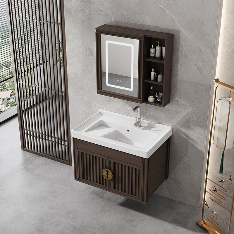 新中式浴室柜组合陶瓷洗衣盆卫生间壁挂洗脸盆带搓衣板一体洗手盆