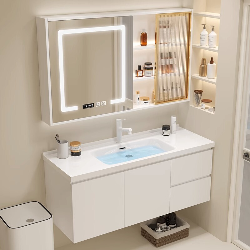 陶瓷一体盆浴室柜组合奶油色2023新款小户型卫浴洗手洗脸池卫生间