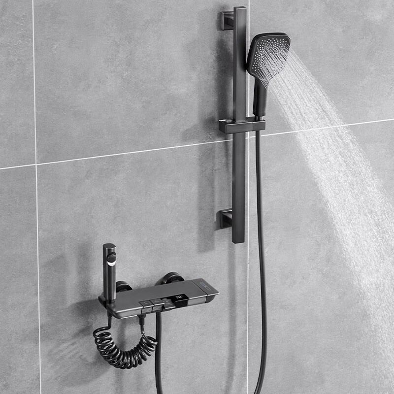 德国汉斯全铜枪灰色恒温数显简易淋浴花洒套装浴室挂墙式浴缸龙头