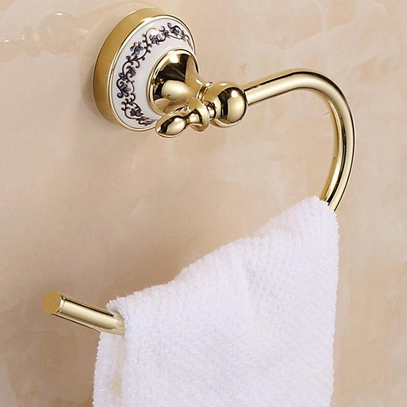 浴室毛巾架金色不锈钢毛巾杆免打孔 青花瓷欧式毛巾环 卫浴五金挂