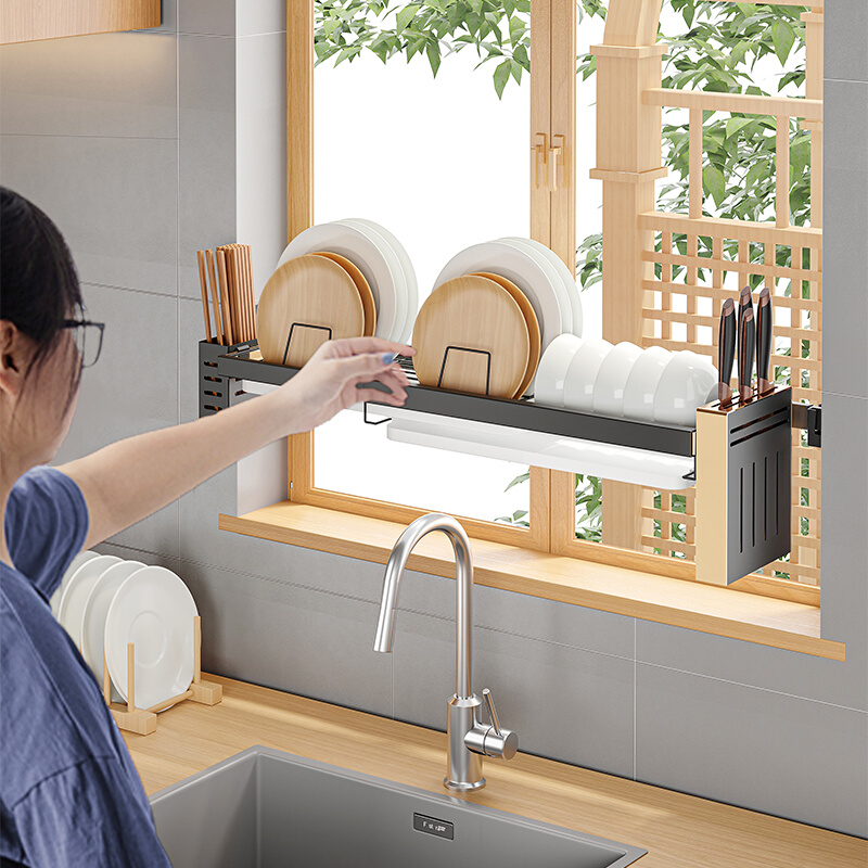 不锈钢碗碟窗台置物架可伸缩壁挂式沥水碗架窗户水槽厨房收纳架