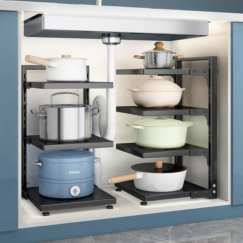 厨房置物架可调节层高碳钢下水槽锅架免打孔厨房用品收纳架锅架
