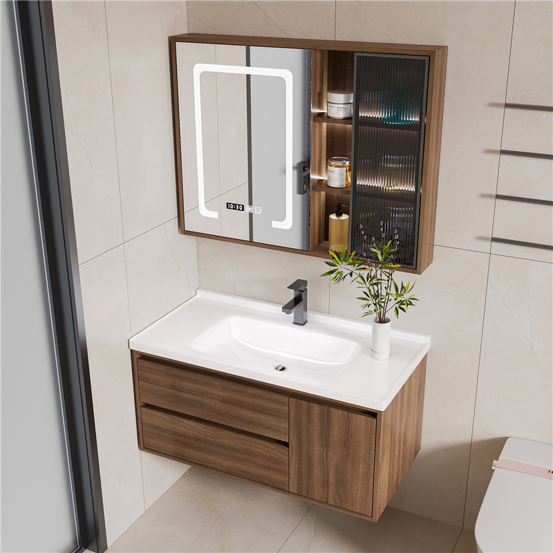 北欧胡桃色浴室柜组合新中式卫生间洗手池洗脸盆实木厕所洗漱台盆