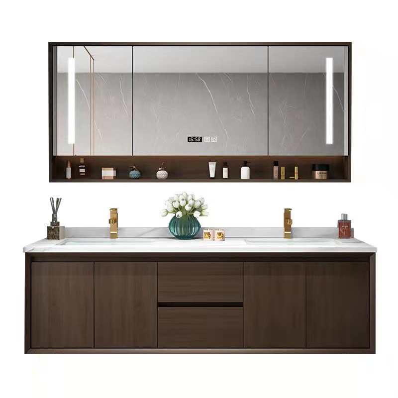 定制新中式岩板浴室柜组合双盆实木橡木洗手洗脸盆柜组合卫生间洗