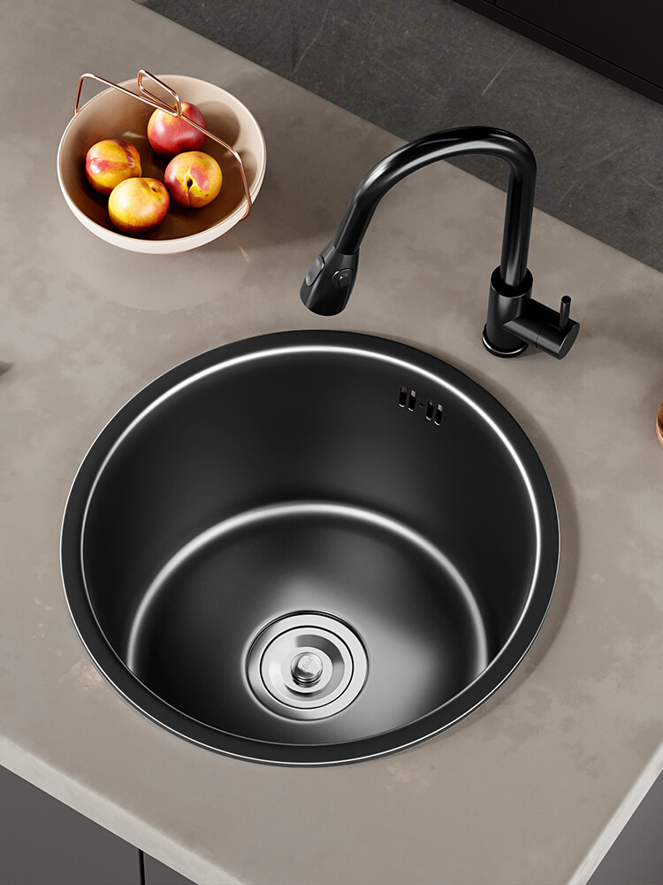 黑色纳米圆形水槽迷你单槽不锈钢小号吧台岛台阳台厨房洗菜盆台下