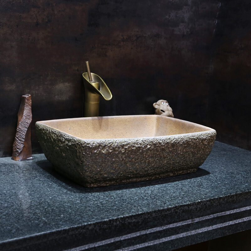 石头纹艺术台上盆长方形陶瓷洗脸盆卫生间中式复古台上洗手盆