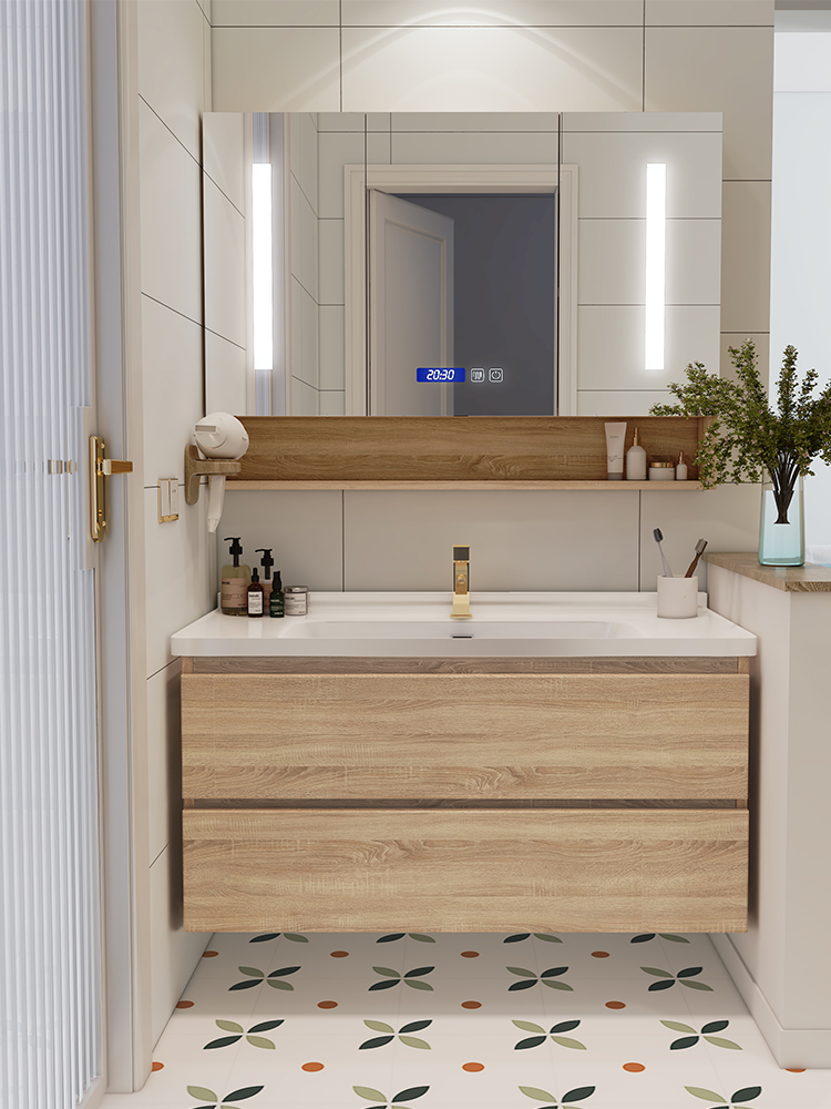 日式实木浴室柜智能卫浴套装洗手洗脸陶瓷一体盆组合卫生间洗漱台
