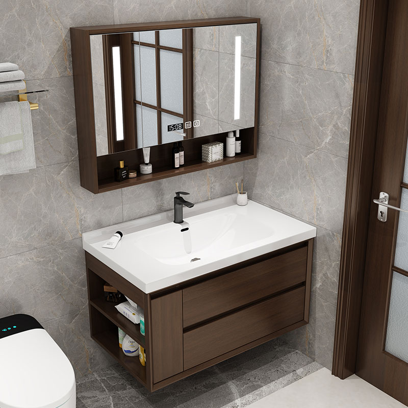 现代新中式浴室柜组合智能实木卫生间洗漱台洗手洗脸盆一体陶瓷盆