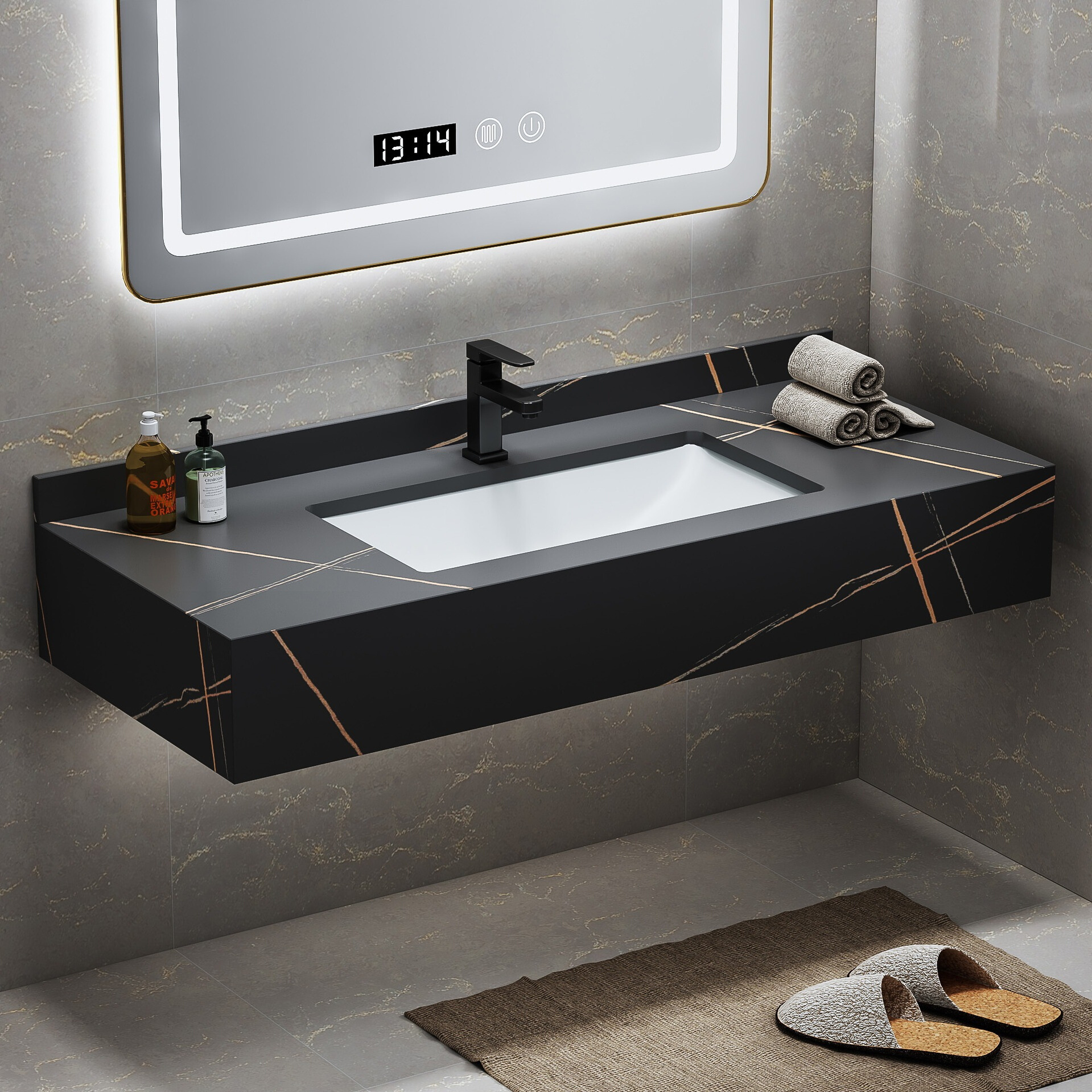 新定制岩板一体台盆浴室柜组合洗脸池壁挂式洗手台大理石洗漱台悬
