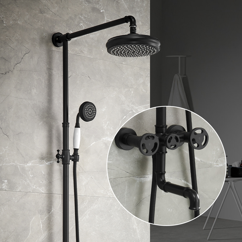 欧式卫浴淋雨沐浴花洒套装铜明装挂墙式淋浴器浴室黑色复古工业风