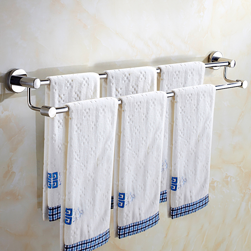 304不锈钢毛巾杆毛巾架卫生间免打孔双杆打孔浴室置物架加长挂杆