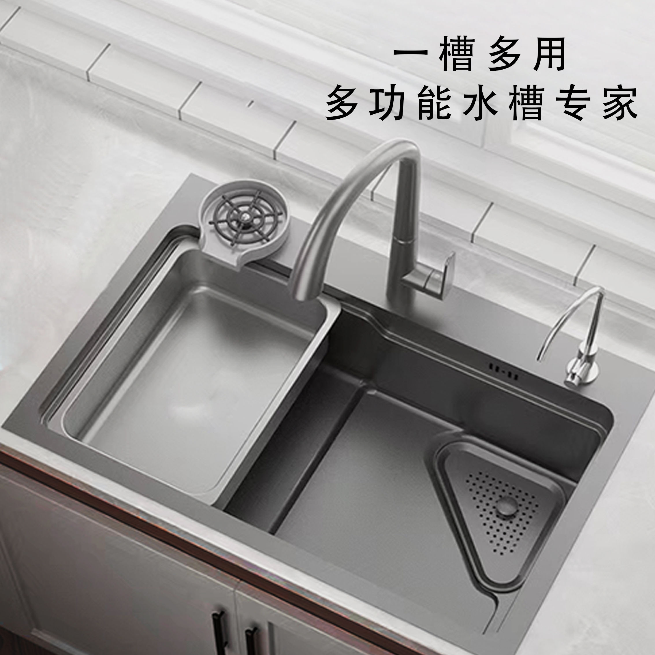 纳米201不锈钢水槽手工洗菜盆单个加厚台下洗碗池灰色盆中盆套装