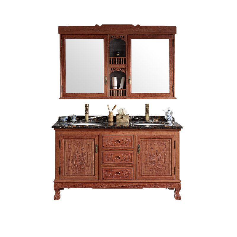 仿古中式面盆柜组合红木大理石落地式双盆洗漱台厕所卫浴镜柜定做