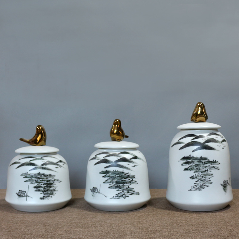 定制现代新中式陶瓷储物罐三件套创意家居客厅电视柜玄关摆件装饰
