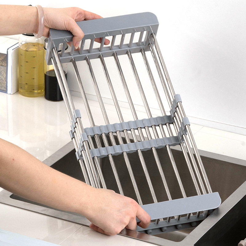 加粗不锈钢水槽沥水架厨房果蔬碗筷可伸缩沥水篮洗碗池收纳置物架