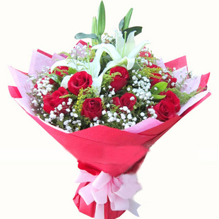 威海鲜花速递/19只红玫瑰2只百合,威海市区免费送花