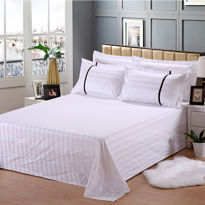 包邮酒店宾馆用品床单定做 白色全棉纯棉缎条单人双人床单件被单