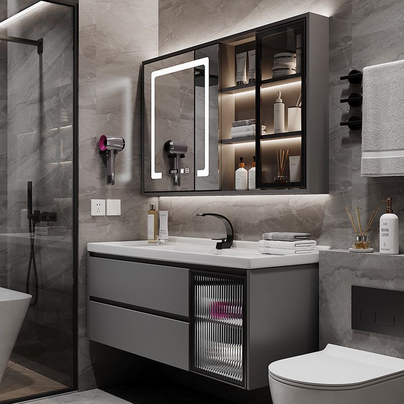 现代轻奢智能浴室柜组合卫生间陶瓷一体洗漱台洗手洗脸盆镜柜