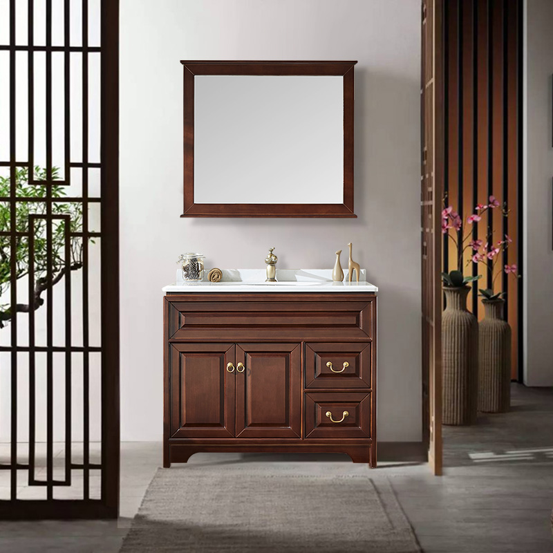 现代新中式浴室柜实木落地大理石台下盆定制洗脸盆柜组合卫浴柜