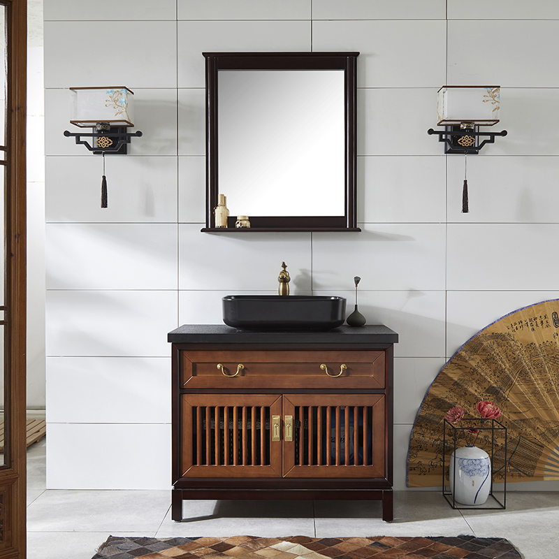 卫浴现代新中式浴室柜落地台上盆实木洗脸盆柜组合洗手面盆洗漱台