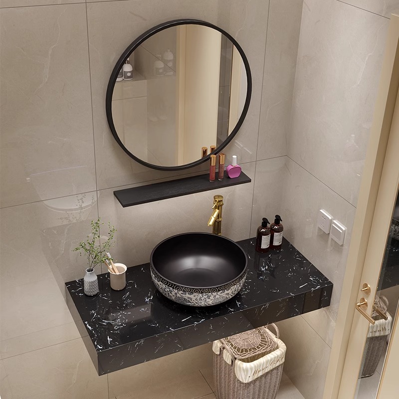 新中式大理石浴室柜洗脸台盆卫生间个性洗漱台洗手盆黑色白色组合