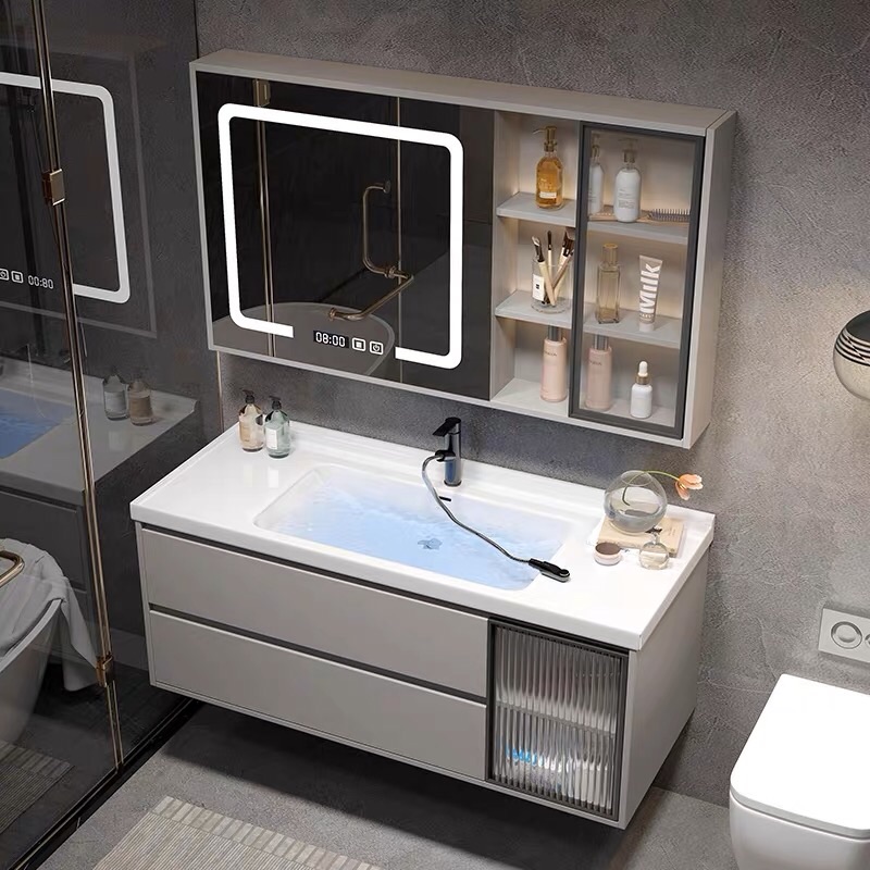 现代简约一体陶瓷盆岩板智能浴室柜组合洗漱台卫生间储物柜洗脸台