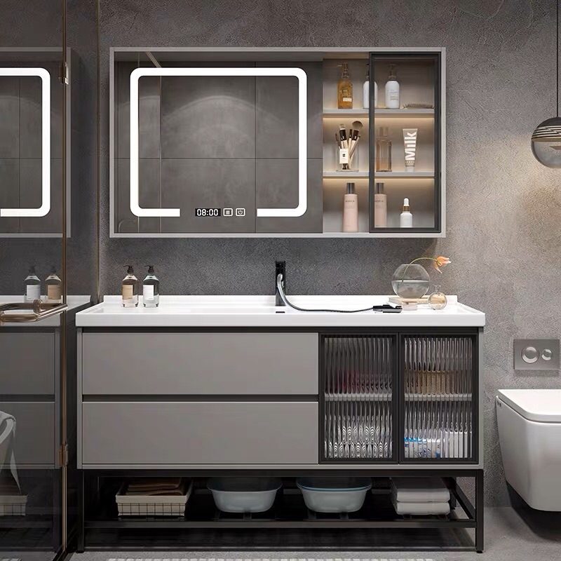 一体陶瓷盆智能实木浴室柜组合轻奢现代卫生间洗漱台落地式洗脸池