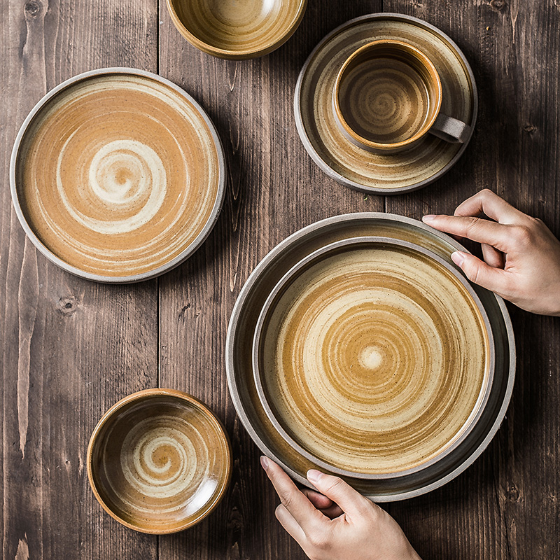 日式复古餐具碗碟套装简约粗陶瓷牛排盘甜品盘简约米饭碗家用菜碟