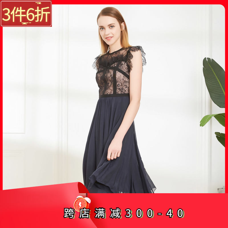 斯尔丽夏季新品时尚高档长款黑色连衣裙