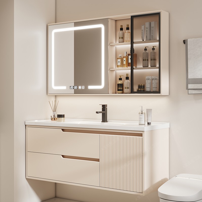 橡胶木陶瓷一体盆浴室柜奶油风卫生间洗漱手脸面台盆柜组合卫浴镜