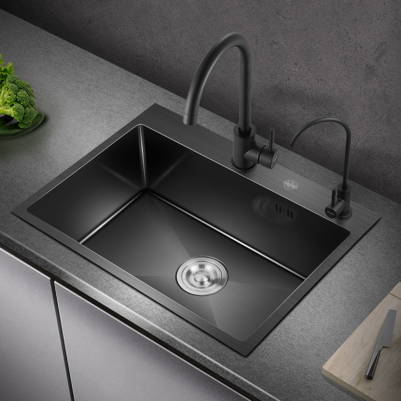 纳米水盆手工家用黑色单槽大洗碗槽洗菜盆L厨房水槽水池不锈钢PUT