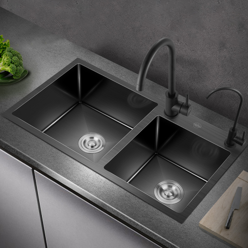 新品纳米黑色手工水槽双槽厨房洗菜盆 304不锈钢加厚洗碗槽大水斗