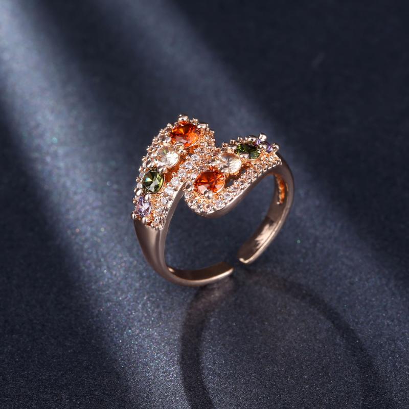 七彩色水晶锆石蒙娜丽莎日韩时尚镶钻开口女戒指防过敏礼物