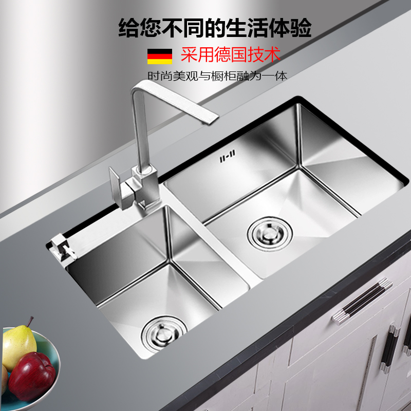 左小右大手工水槽双槽反方向不锈钢加厚厨房洗菜盆洗碗池套餐