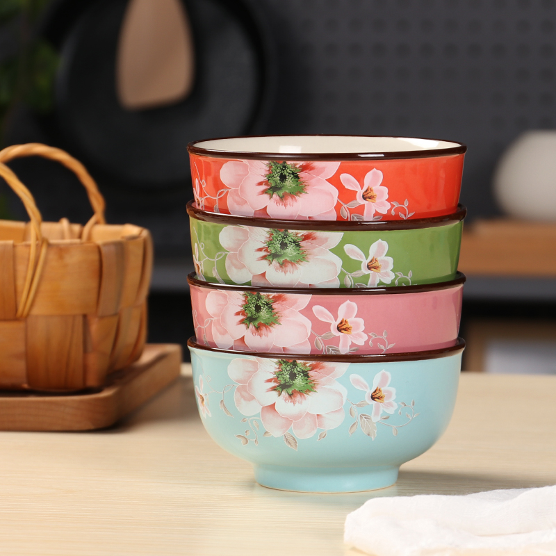 吃饭的碗家用4.5英寸一人一碗不同颜色 日式小花碗陶瓷家庭碗套装