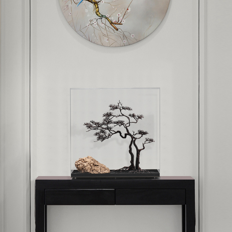 新中式创意铁艺招财树微景观石头摆件客厅进门玄关桌面p艺术品摆