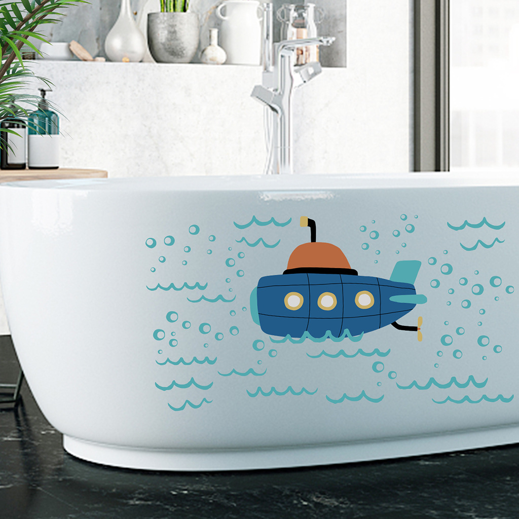 蓝色海洋轮船水波浪贴纸 AF5543跨境浴室玻璃浴缸可移除墙贴热销