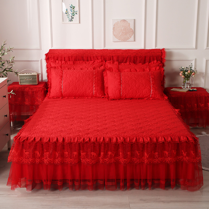 韩版公主床裙结婚庆大红色加厚夹棉单件蕾丝纯色床罩床套单三件套
