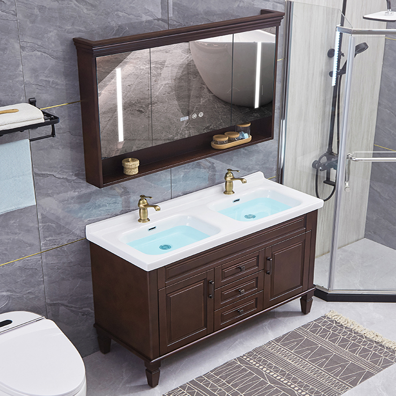 美式橡木双盆浴室柜组合卫生间智能镜柜落地式洗手洗脸一体洗漱台