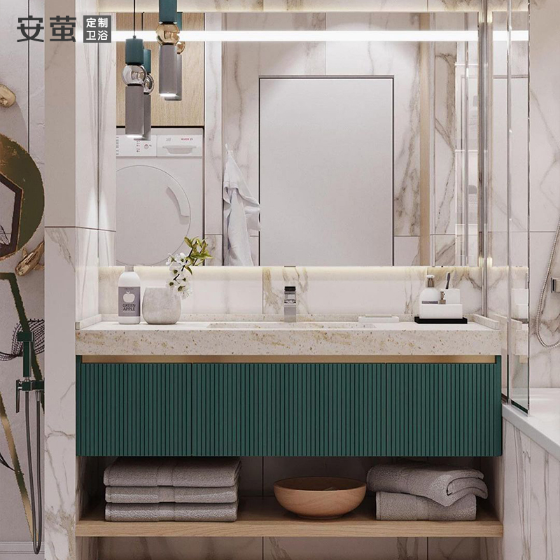 现代轻奢风岩板浴室柜定制洗手脸面盆组合小户型卫生间墨绿洗漱台