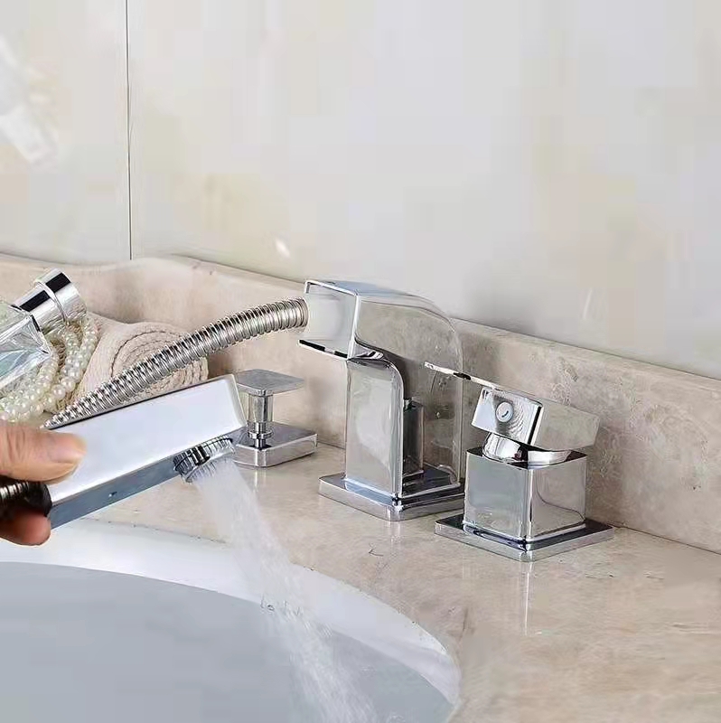 洗手盆冷热拉伸水龙头坐式三件套浴室柜抽拉喷头按压下水开关配件