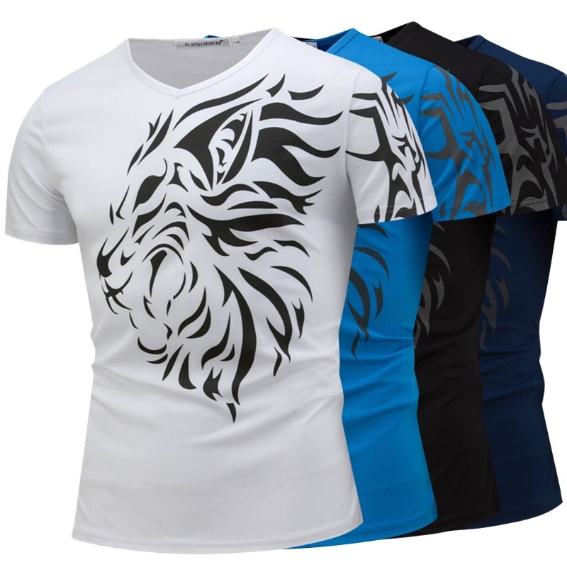 跨境男士夏季新款2023短袖V领T恤男式韩版修身狮子头印花男装体恤