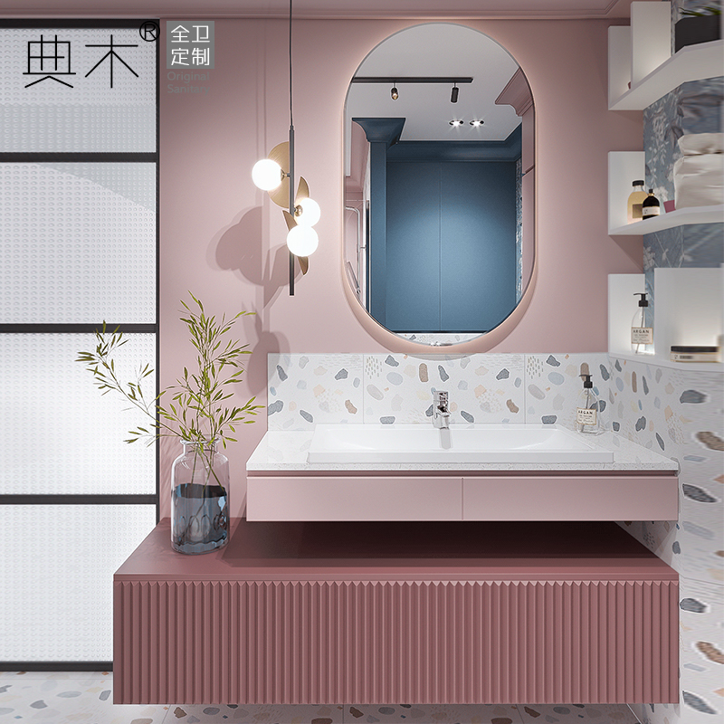 简美定制岩板卫浴柜挂墙新中式北欧风格实木洗脸盆柜卫生间洗漱台