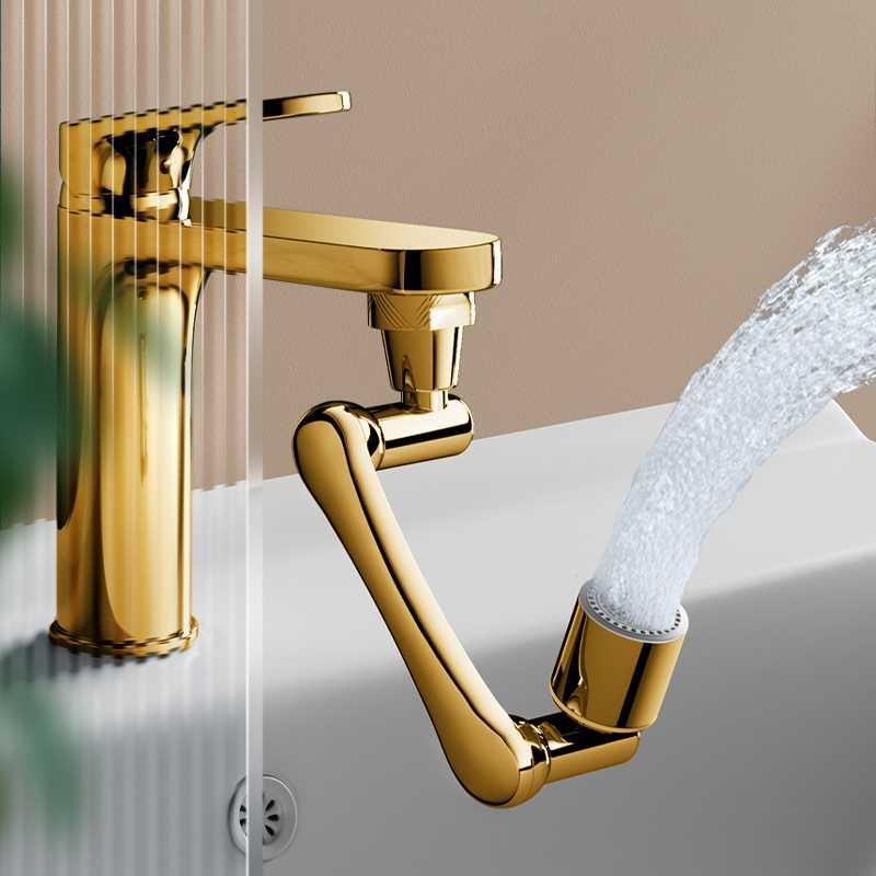 全铜金色机械臂万向水龙头延伸器防溅旋转起泡器万象洗手盆出水嘴