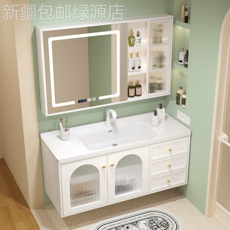 新疆包邮新款奶油风卫浴室柜组合一体盆陶瓷实木洗手池洗脸盆卫生