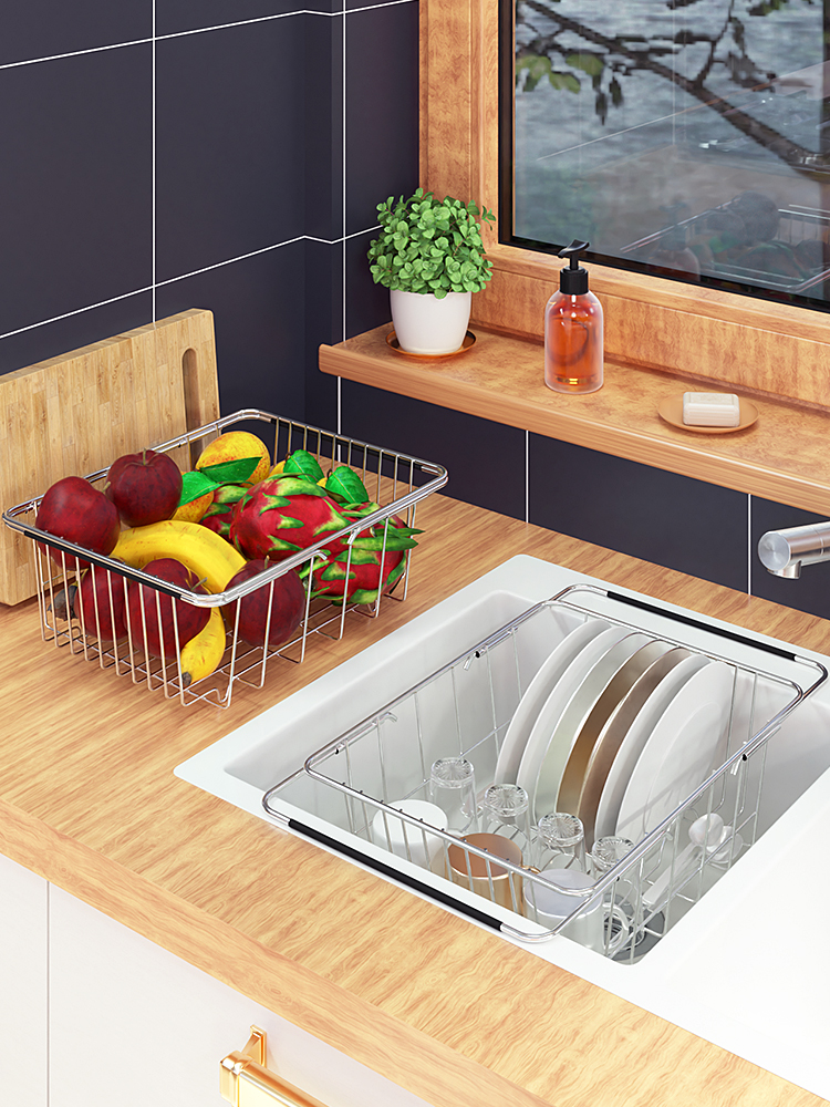 不锈钢晾放碗架厨房水槽沥水架沥碗筷水池洗碗池洗菜沥水篮可伸缩