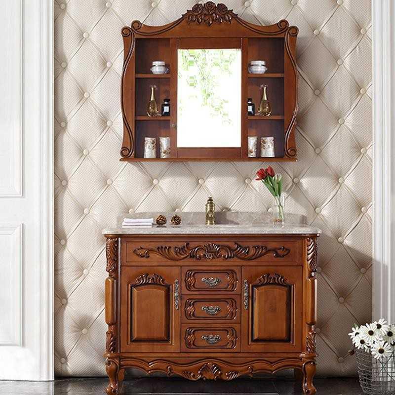 欧式橡木浴室柜实木仿古卫浴柜镜柜组合大理石洗漱台洗手盆柜100
