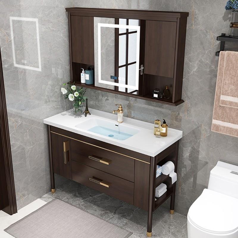 现代新中式岩板浴室柜组合一体陶瓷盆卫生间实木落地洗手洗脸台盆