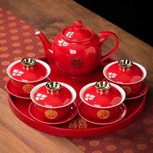 结婚婚庆中式婚礼改口敬茶杯2对茶具茶壶套装陶瓷红色陪嫁用品