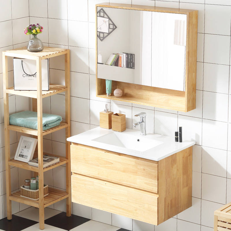 日式橡木浴室柜镜柜组合实木卫浴柜北欧洗漱台卫生间洗脸池洗面盆